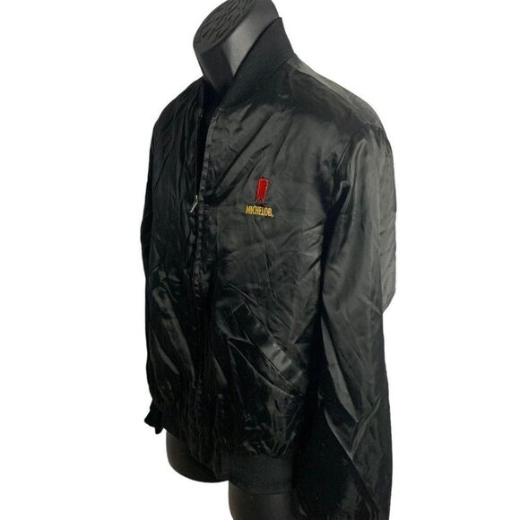 Vintage 80s Michelob Beer Satin Bomber Jacket M Black Full Zipper Pockets - Picture 4 of 6